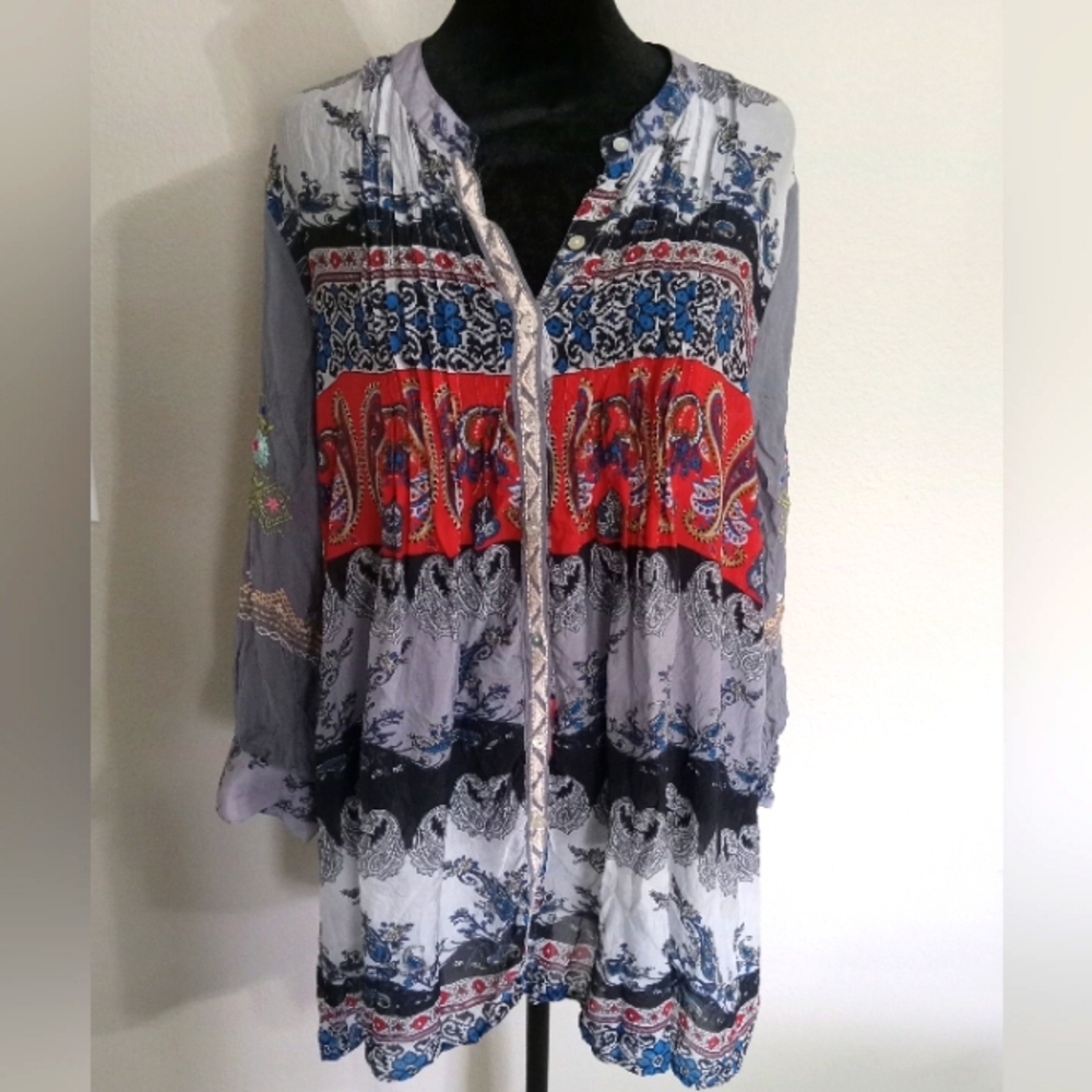 All About Her Bohemian Embroidered Paisley Floral Print Tunic Blouse